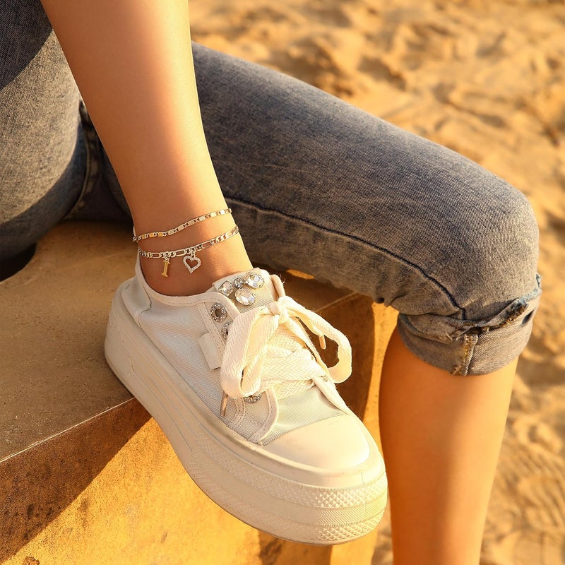 Wremily Initial Ankle Bracelets for Women Waterproof 14K Gold Plated Dainty Layered Figaro Chain Letter Initial CZ Heart Ankle Bracelets Set Summer Beach Jewelry for Women - Image 3